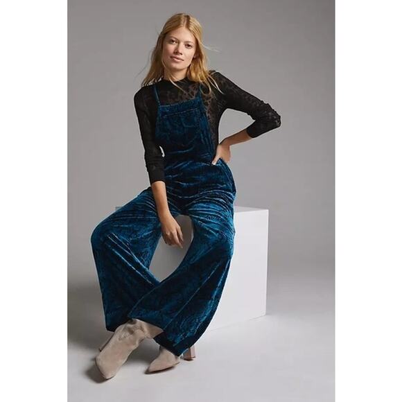By Anthropologie Blue Velvet Damask Wide Leg Overalls Jumpsuit SZ M - Picture 1 of 13